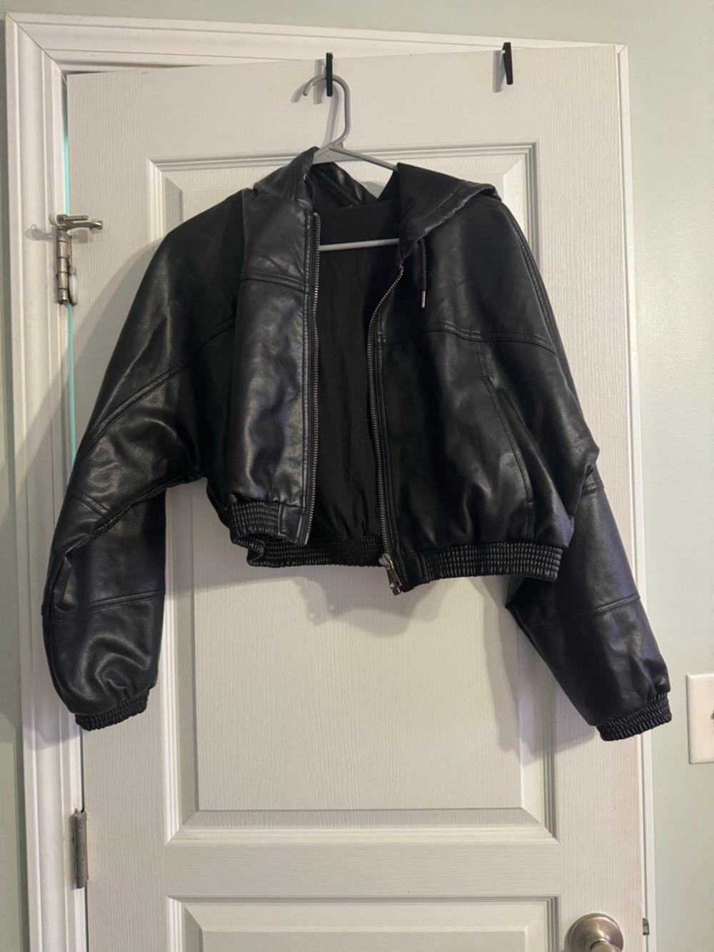 Black Cropped Faux Leather Hooded Jacket - Women